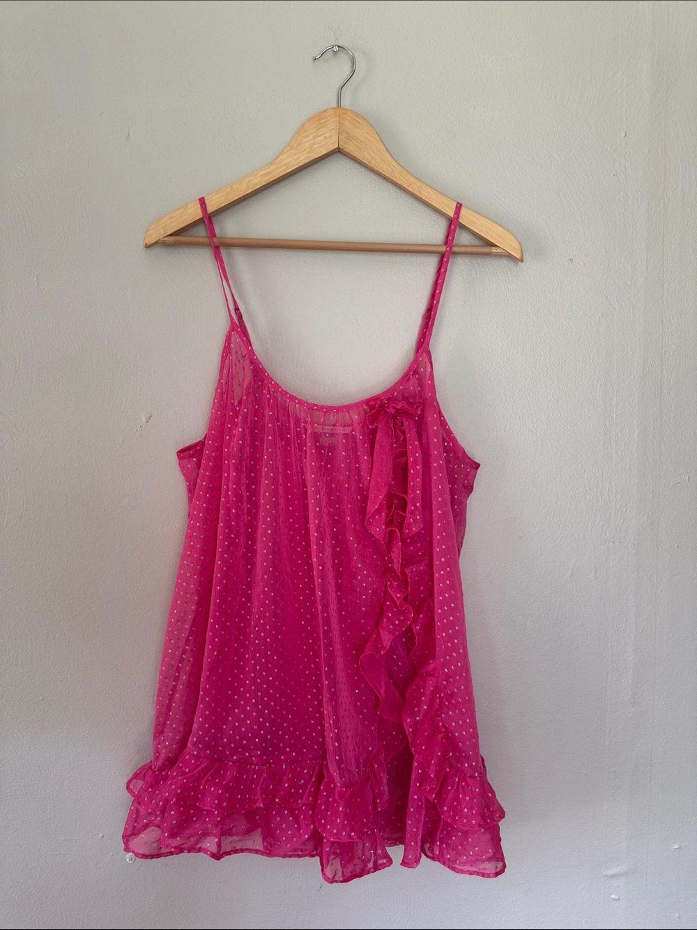 Victoria's Secret Hot Pink Sheer Polka Dot Ruffle Tank babydoll large